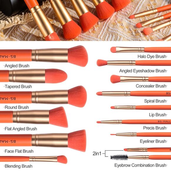 Bs-Mall 14 Pieces Orange Makeup Brush Set Luxury Cosmetic Brush Kit With Case - Picture 4 of 4